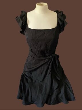 Trixxi Black Ruffle-Sleeve Wrap Tie Mini Dress